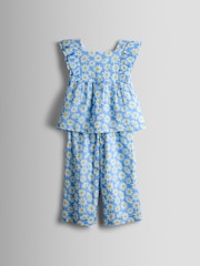 JoJo Maman Bébé Blue Gingham Strawberry Square Neck Top & Trouser Set - Image 1 of 7