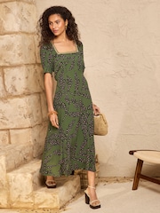 Love & Roses Khaki Green Animal Sequin Trim Square Neck Midi Dress - Image 1 of 4