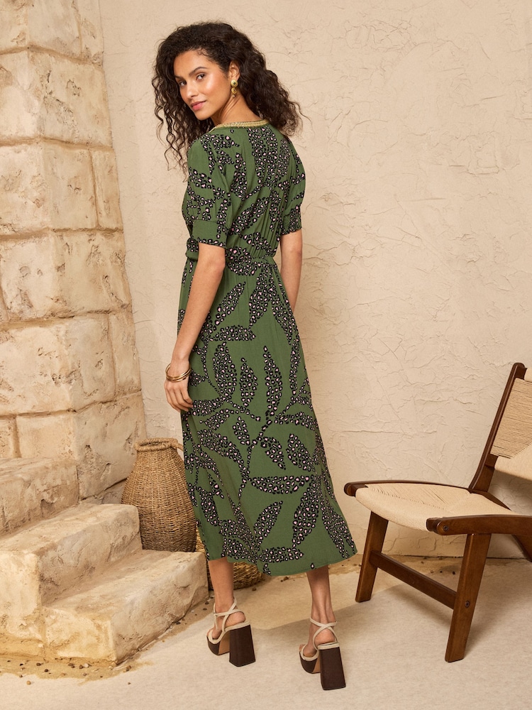 Love & Roses Khaki Green Animal Sequin Trim Square Neck Midi Dress - Image 4 of 4
