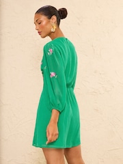 Love & Roses Green Floral Embroidered Shift Mini Dress - Image 2 of 4
