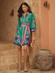 Love & Roses Bright Green Woodblock Poplin Shirt Mini Dress - Image 1 of 5