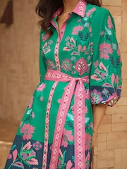 Love & Roses Bright Green Woodblock Poplin Shirt Mini Dress - Image 2 of 5