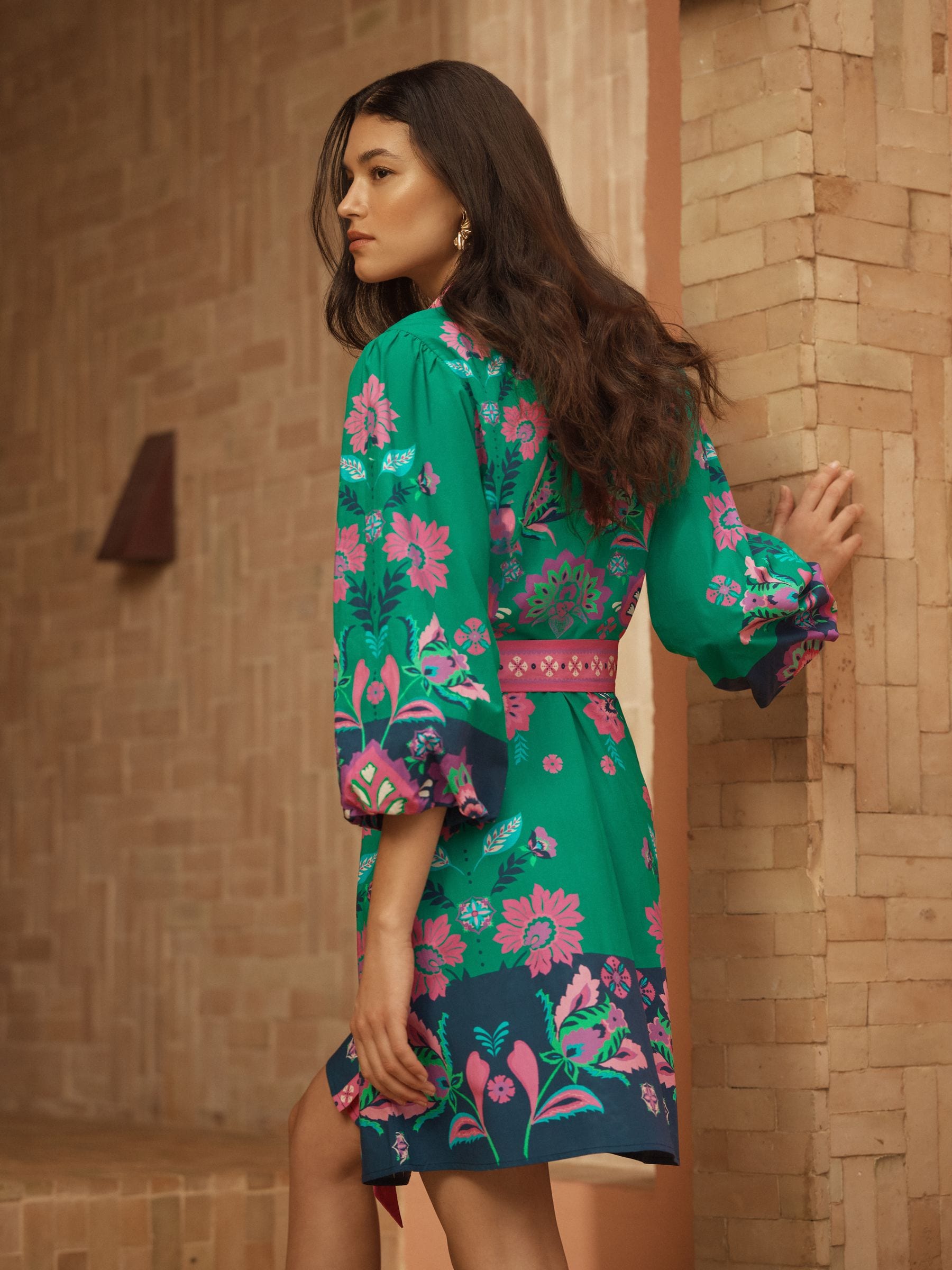 Buy Love & Roses Bright Green Woodblock Poplin Shirt Mini Dress