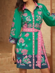 Love & Roses Bright Green Woodblock Poplin Shirt Mini Dress - Image 5 of 5