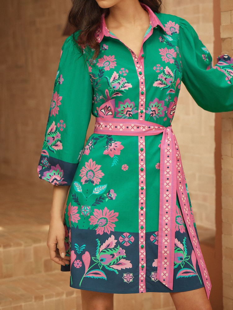 Love & Roses Bright Green Woodblock Poplin Shirt Mini Dress - Image 5 of 5