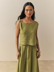 Nothing Ordinary Green Linen Hardware Detail Draped Top - Image 1 of 4