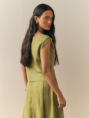 Nothing Ordinary Green Linen Hardware Detail Draped Top - Image 3 of 4