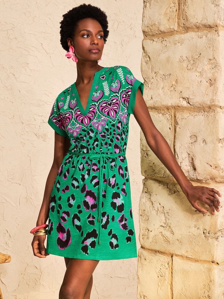 Love & Roses Bright Green Animal Print Notch Neck Mini T-Shirt Dress - Image 1 of 4
