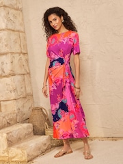 Love & Roses Orange Abstract Print Tie Side T-Shirt Jersey Midi Dress - Image 1 of 4