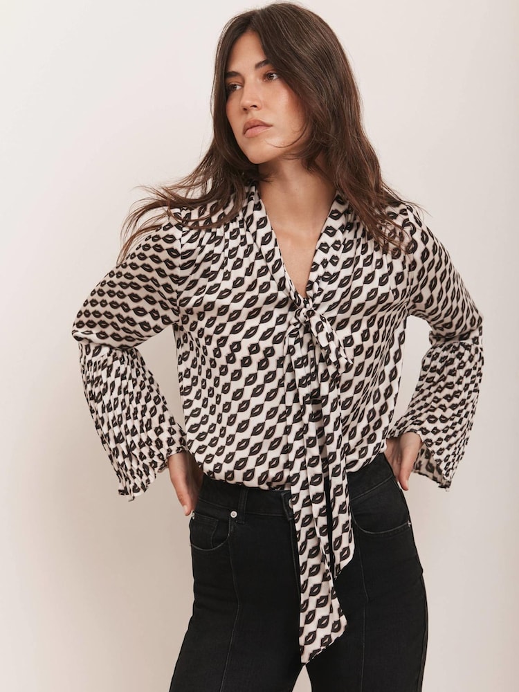 Mint Velvet Black Lip Print Bow Blouse - Image 2 of 8