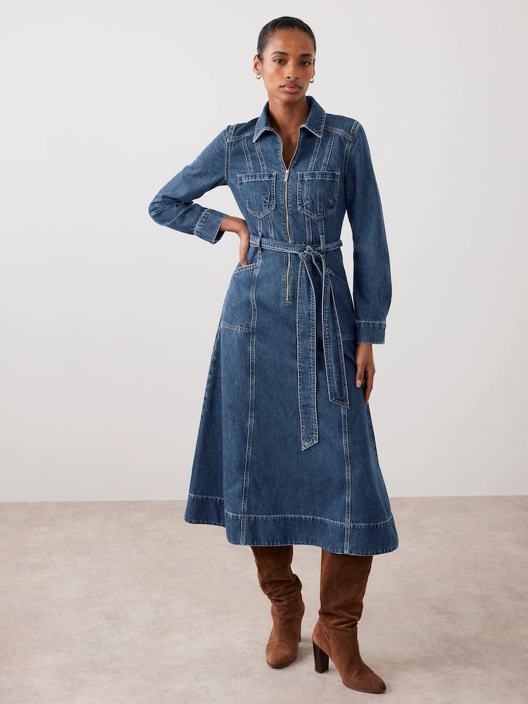 knee length dresses for ladies Dark Wash Denim Pleated Mini Dress with Belt main image 1