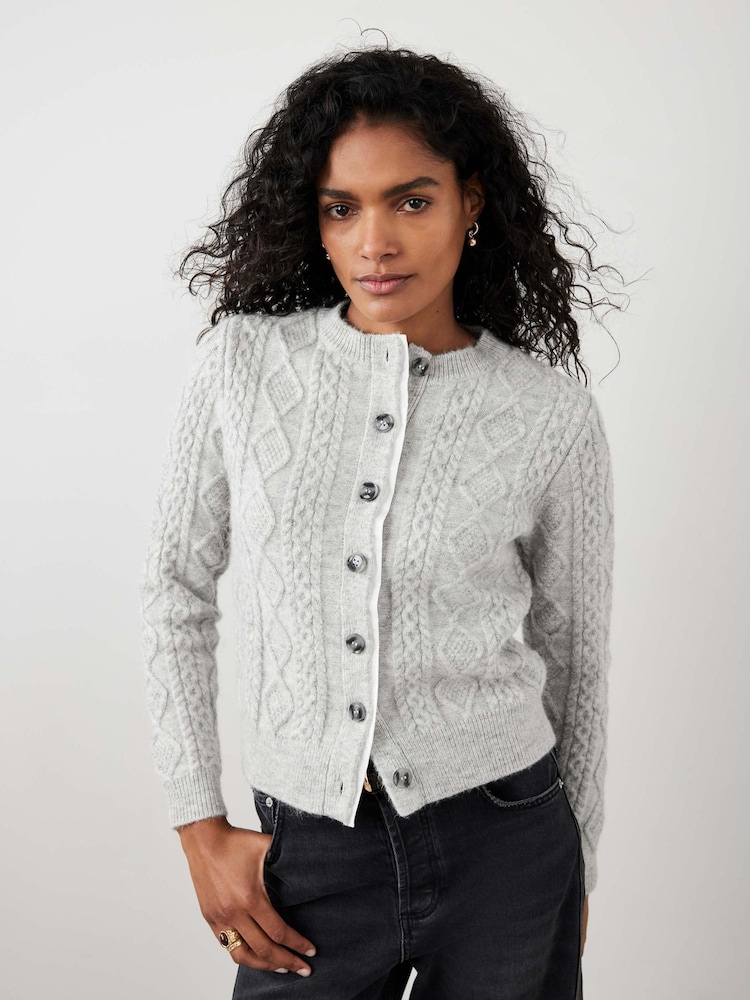 Mint Velvet Grey Cable Knit Wool Blend Cardigan - Image 1 of 8 Mint Velvet Grey Cable Knit Wool Blend Cardigan - Image 1 of 8