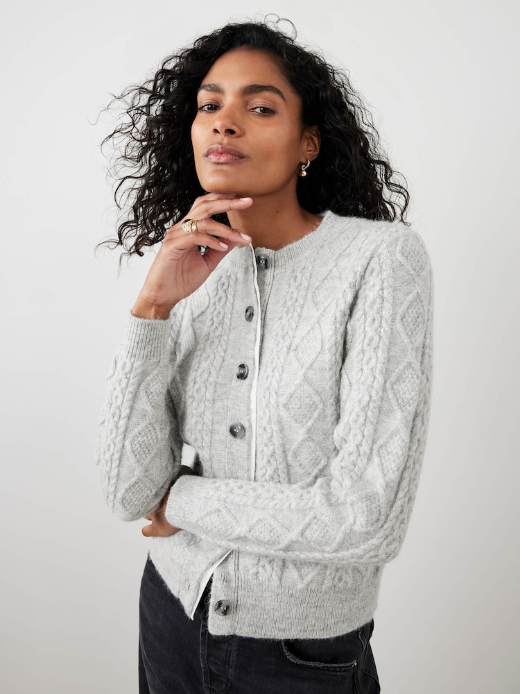 Mint Velvet Grey Cable Knit Wool Blend Cardigan - Image 2 of 8 Mint Velvet Grey Cable Knit Wool Blend Cardigan - Image 2 of 8