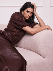 Mint Velvet Red Jacquard Puff Sleeve Shirt - Image 1 of 8