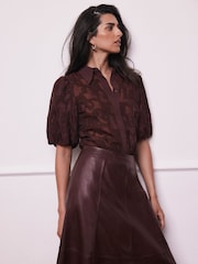 Mint Velvet Red Jacquard Puff Sleeve Shirt - Image 2 of 8