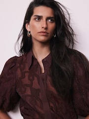 Mint Velvet Red Jacquard Puff Sleeve Shirt - Image 4 of 8