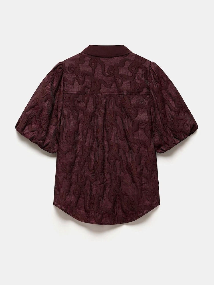 Mint Velvet Red Jacquard Puff Sleeve Shirt - Image 8 of 8