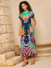 Love & Roses Navy Multi Tropical Print Belted Petite T-Shirt Jersey Midi Dress - Image 1 of 4