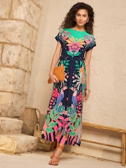 Love & Roses Navy Multi Tropical Print Belted Petite T-Shirt Jersey Midi Dress - Image 3 of 4