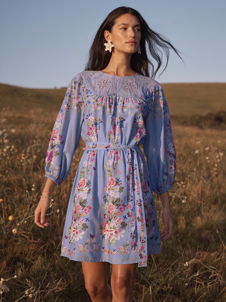 Love & Roses Pale Blue Floral Petite Lace Trim Crew Neck Mini Dress - Image 1 of 5