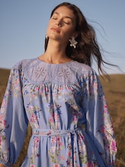 Love & Roses Pale Blue Floral Petite Lace Trim Crew Neck Mini Dress - Image 2 of 5