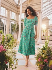 Love & Roses x RHS Bright Green Floral Petite Linen Puff Sleeve Midi Dress - Image 3 of 5