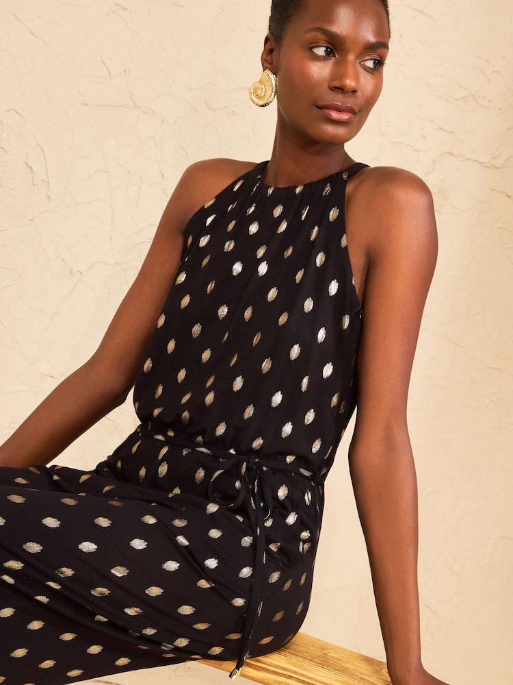 Love & Roses Black Foil Print Halterneck Jumpsuit - Image 2 of 4