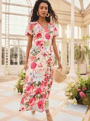 Love & Roses Floral Motif Petite Printed Ric Rac V-Neck Midi Dress - Image 1 of 4