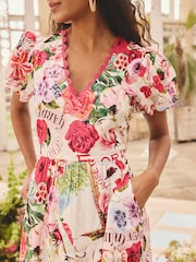 Love & Roses Floral Motif Petite Printed Ric Rac V-Neck Midi Dress - Image 2 of 4