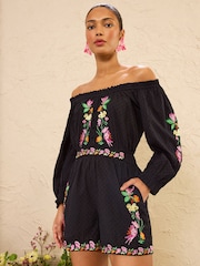 Love & Roses Black Floral Petite Embroidered Long Sleeve Playsuit - Image 1 of 6