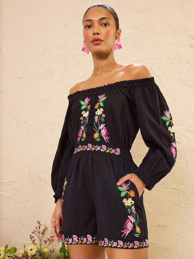 Love & Roses Black Floral Petite Embroidered Long Sleeve Playsuit - Image 1 of 6