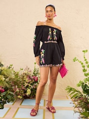 Love & Roses Black Floral Petite Embroidered Long Sleeve Playsuit - Image 3 of 6