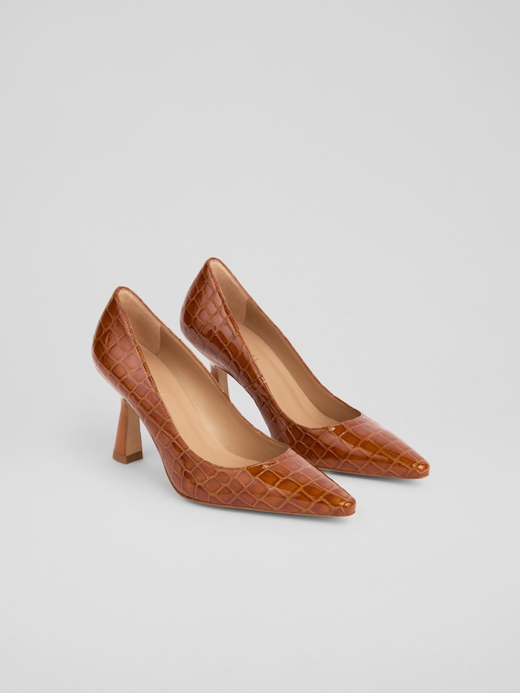LK Bennett Brown Florena Croc Leather Heel Courts - Image 2 of 4 LK Bennett Brown Florena Croc Leather Heel Courts - Image 2 of 4