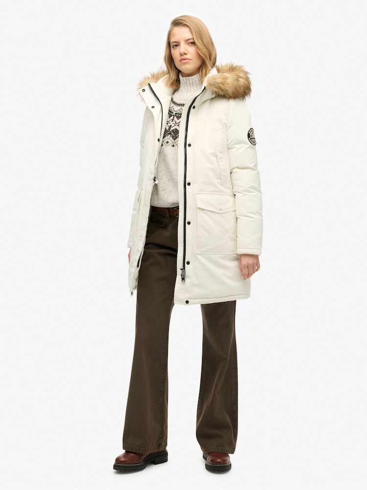 Superdry White Everest Faux Fur Parka Coat - Image 1 of 8