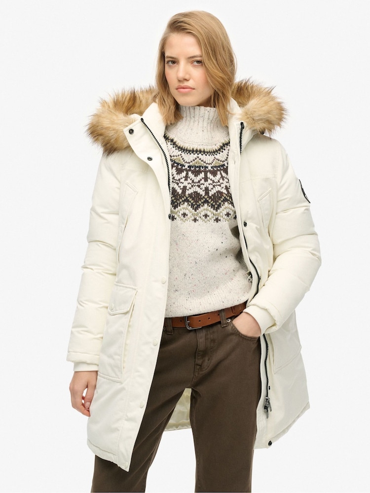 Superdry White Everest Faux Fur Parka Coat - Image 2 of 8