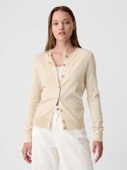 Gap Beige Lightweight Cotton Long Sleeve Crew Neck Cardigan - Image 1 of 6