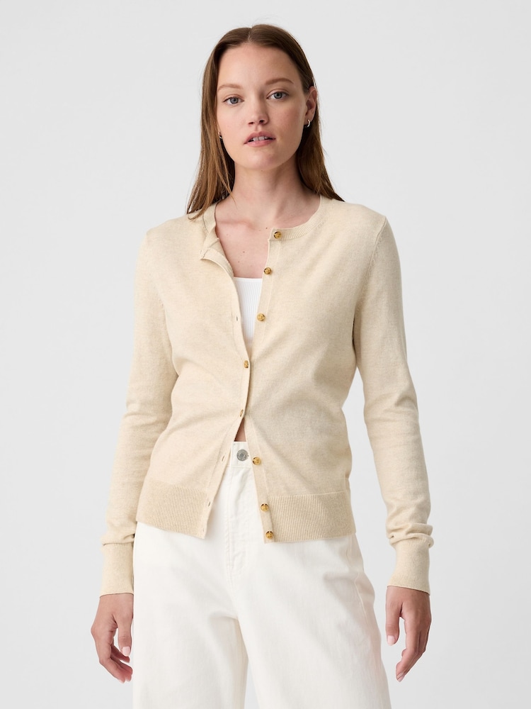 Gap Beige Lightweight Cotton Long Sleeve Crew Neck Cardigan - Image 1 of 6
