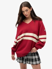 Superdry Red Oversized Striped V-Neck Jumper - Image 1 of 6