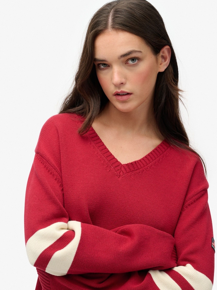 Flygo Women's Long Sleeve V Neck Hoodie - Oversized Striped Pullover Sweatshirt, Kangaroo Pocket, Red