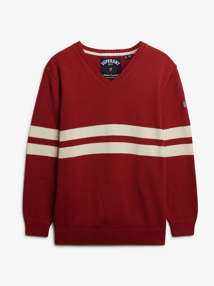 Superdry Red Oversized Striped V-Neck Jumper - Image 6 of 6