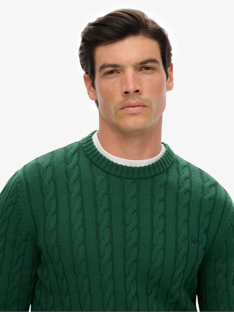 Superdry Green Cotton Cable Knit Crew Jumper - Image 2 of 7