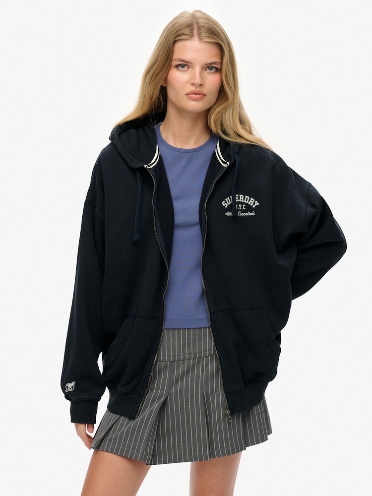 Superdry Blue Athletic Essentials Oversized Zip Hoodie - Image 1 of 6 Superdry Blue Athletic Essentials Oversized Zip Hoodie - Image 1 of 6