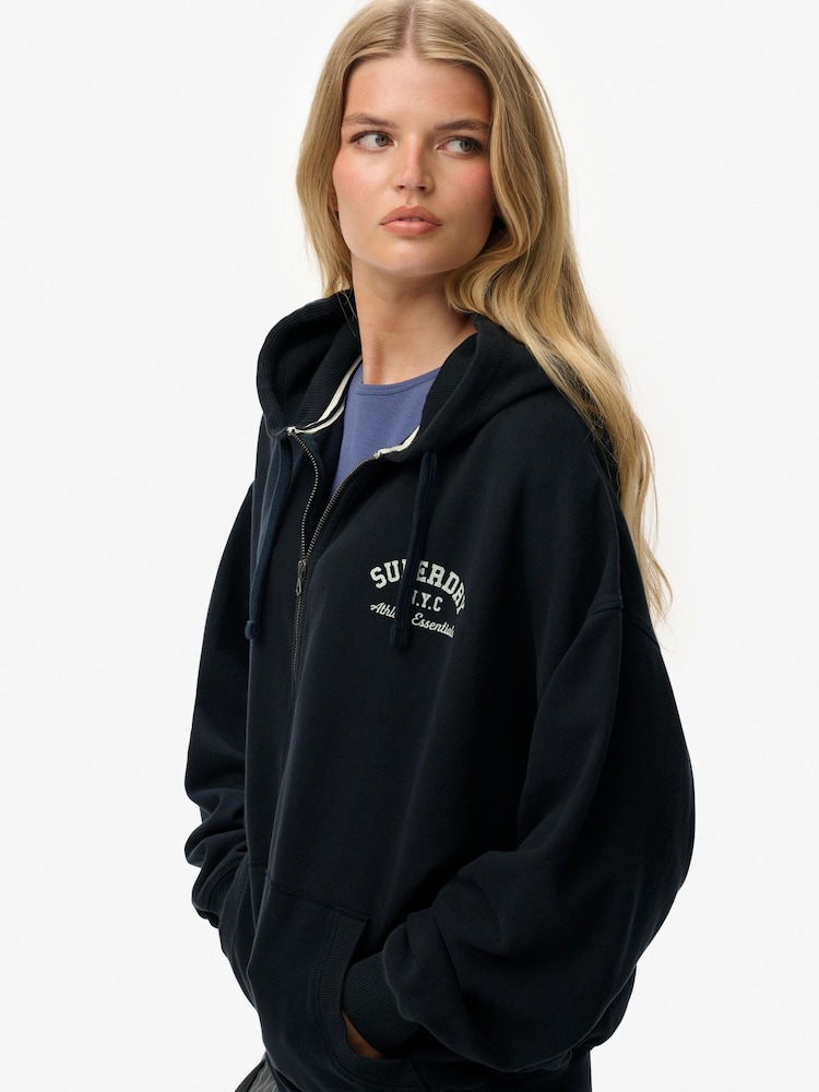 Superdry Blue Athletic Essentials Oversized Zip Hoodie - Image 2 of 6 Superdry Blue Athletic Essentials Oversized Zip Hoodie - Image 2 of 6