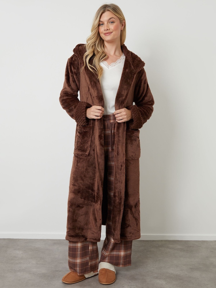 Threadbare Brown Faux Fur Trim Dressing Gown - Image 1 of 5 Threadbare Brown Faux Fur Trim Dressing Gown - Image 1 of 5
