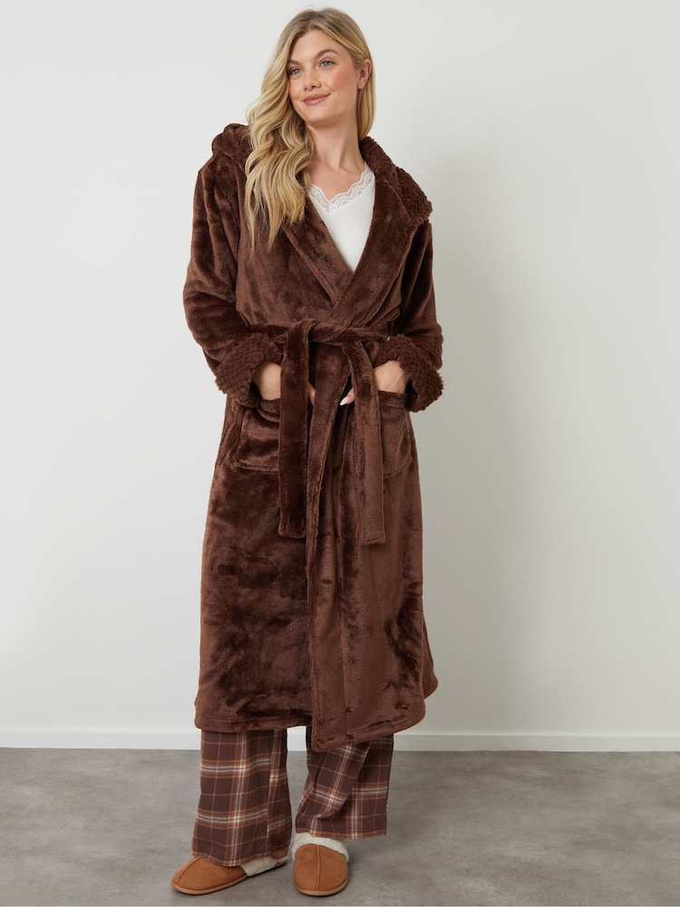 Threadbare Brown Faux Fur Trim Dressing Gown - Image 2 of 5 Threadbare Brown Faux Fur Trim Dressing Gown - Image 2 of 5