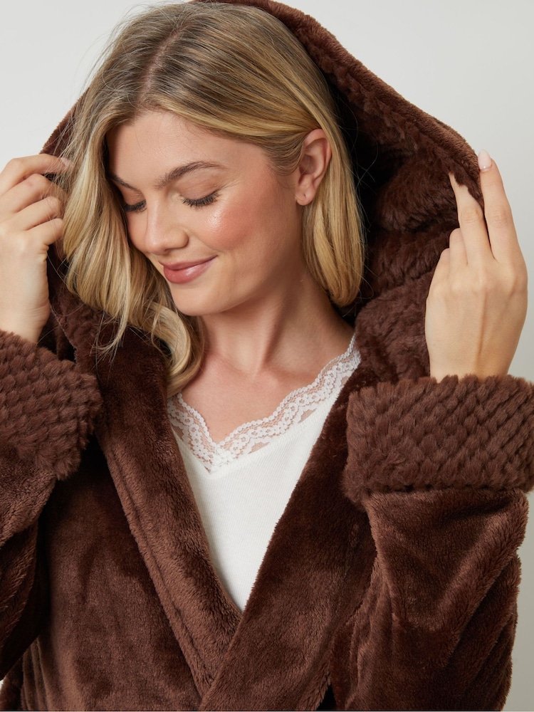 Threadbare Brown Faux Fur Trim Dressing Gown - Image 5 of 5