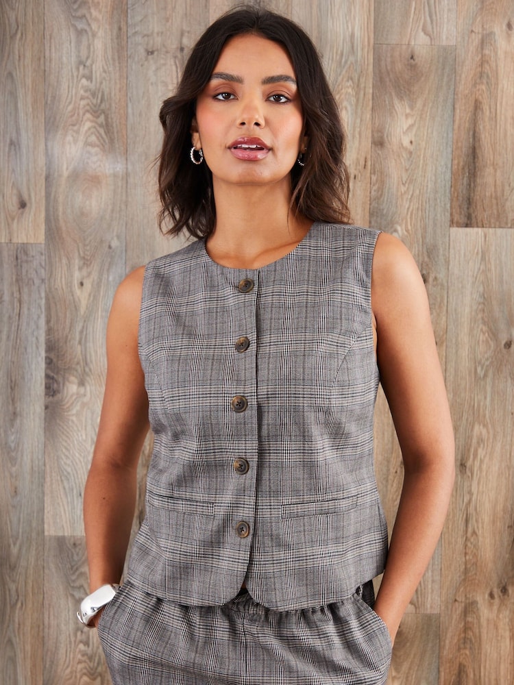 Threadbare Grey Check Crew Neck Waistcoat - Image 1 of 4