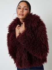 Threadbare Red Collared Faux Fur Coat - Image 1 of 5