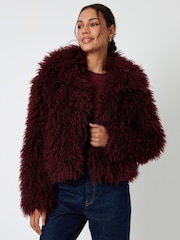 Threadbare Red Collared Faux Fur Coat - Image 2 of 5