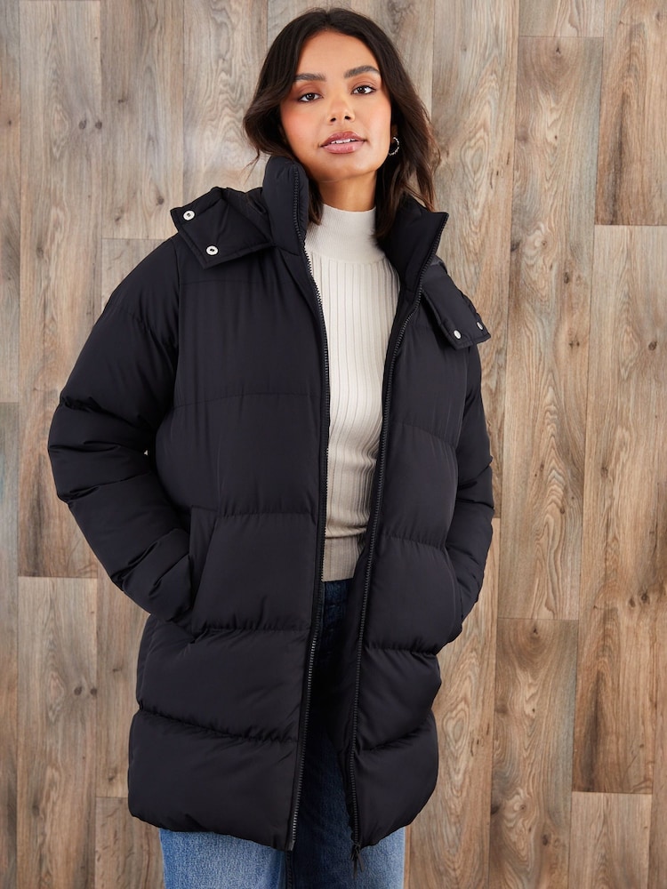 Threadbare Black Mid Length Hooded Puffer Coat - Image 1 of 4